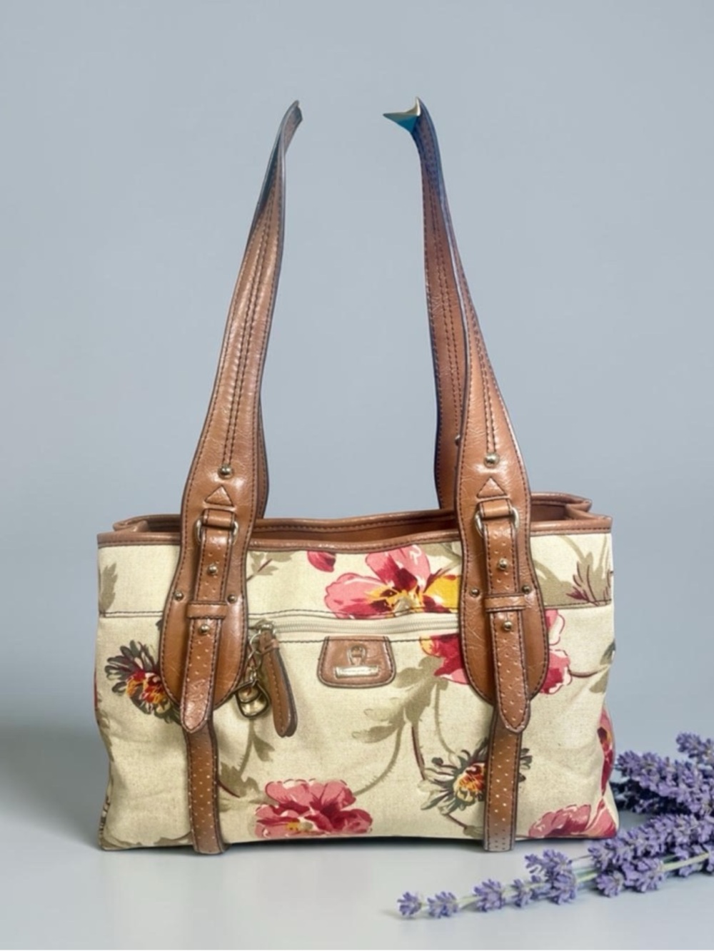 Etienne Aigner Floral Canvas Shoulder Bag in Cream and Brown